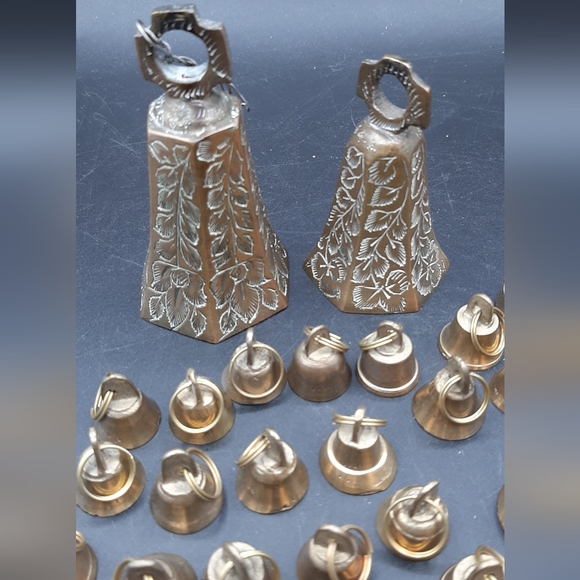 Vintage Brass Hanging Bells Engraved Two Larger And 80 Mini Bells Crafts Decor - Picture 2 of 7